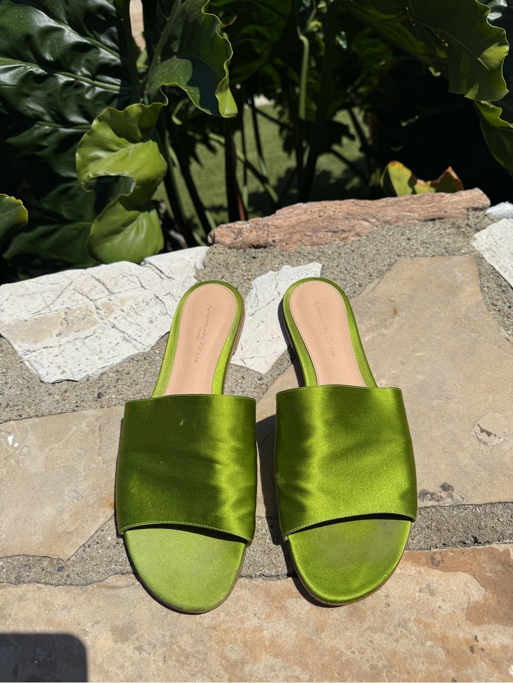 Gianvito Rossi Silk Olive Green Satin Slide Sandals sz 40